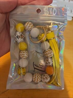 Yellow & White Beaded Tassel Keychain for Kids